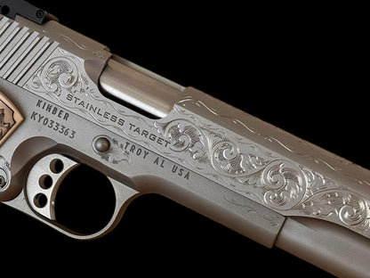 Kimber 1911 Stainless Target long slide hand engraved with custom grips. .45acp