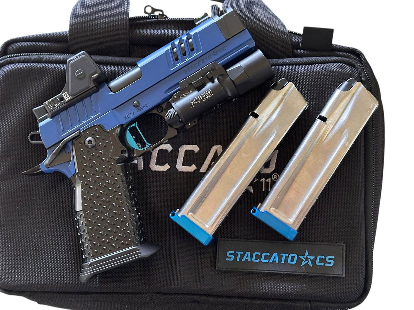 STACCATO CUSTOM XC WITH BLUE ATLAS TRIGGER AND GRIP 9MM RMR HD AND X300