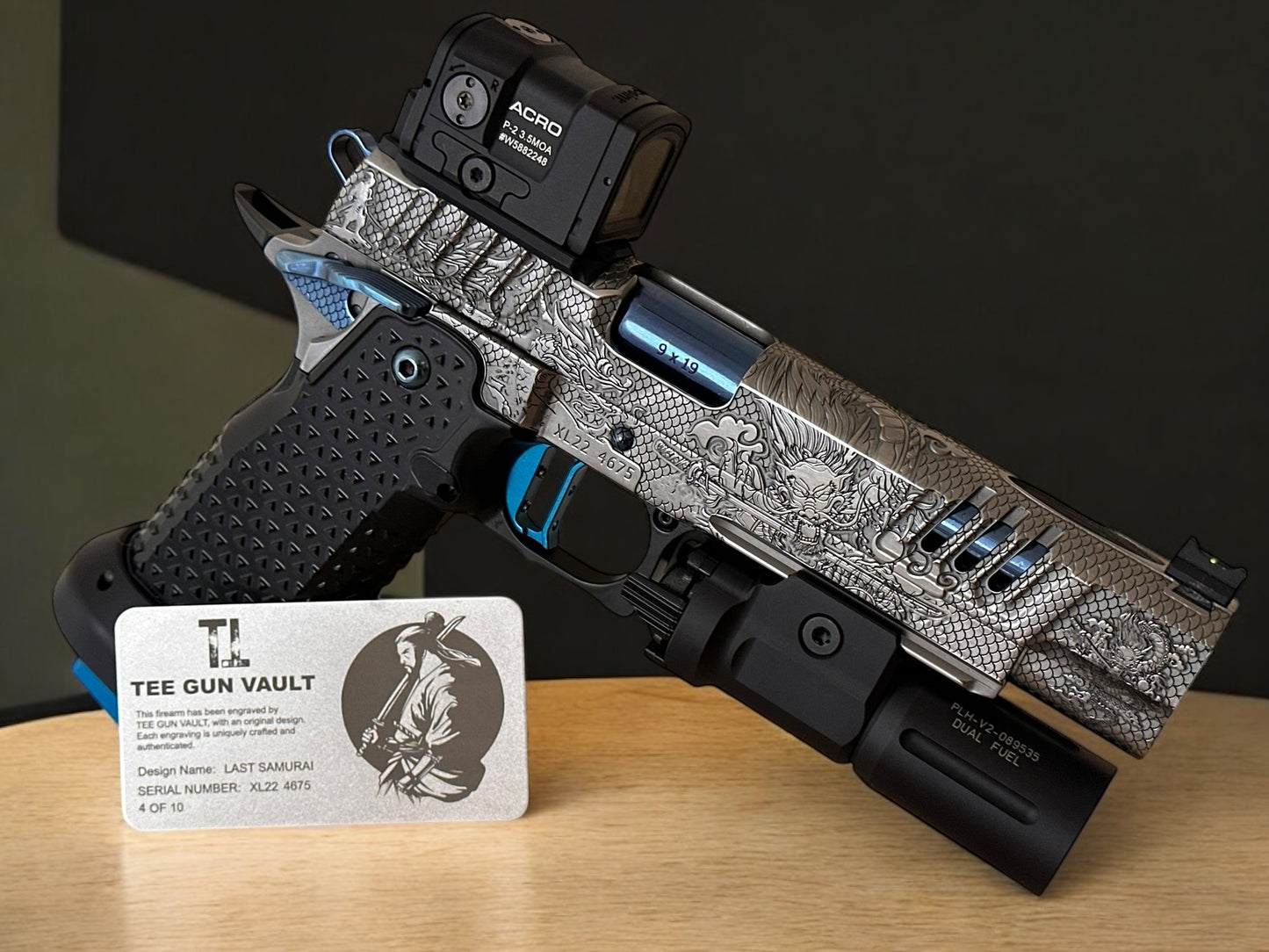 STACCATO CUSTOM XL “LAST SAMURAI” FULLY ENGRAVED PORTED IN SILVER/BLUE POLISHED PVD FINISH. ATLAS GRIPS AND TRIGGER