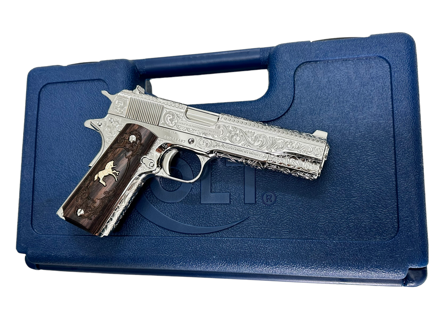 COLT CUSTOM 1911 HIGH POLISHED FULLY ENGRAVED NICKEL PLATED WITH CUSTOM GRIPS .45ACP