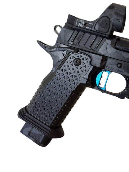 STACCATO CUSTOM XC BLACK CAMO WITH ATLAS METAL GRIPS AND TRIGGER TRIJICON SRO & X300