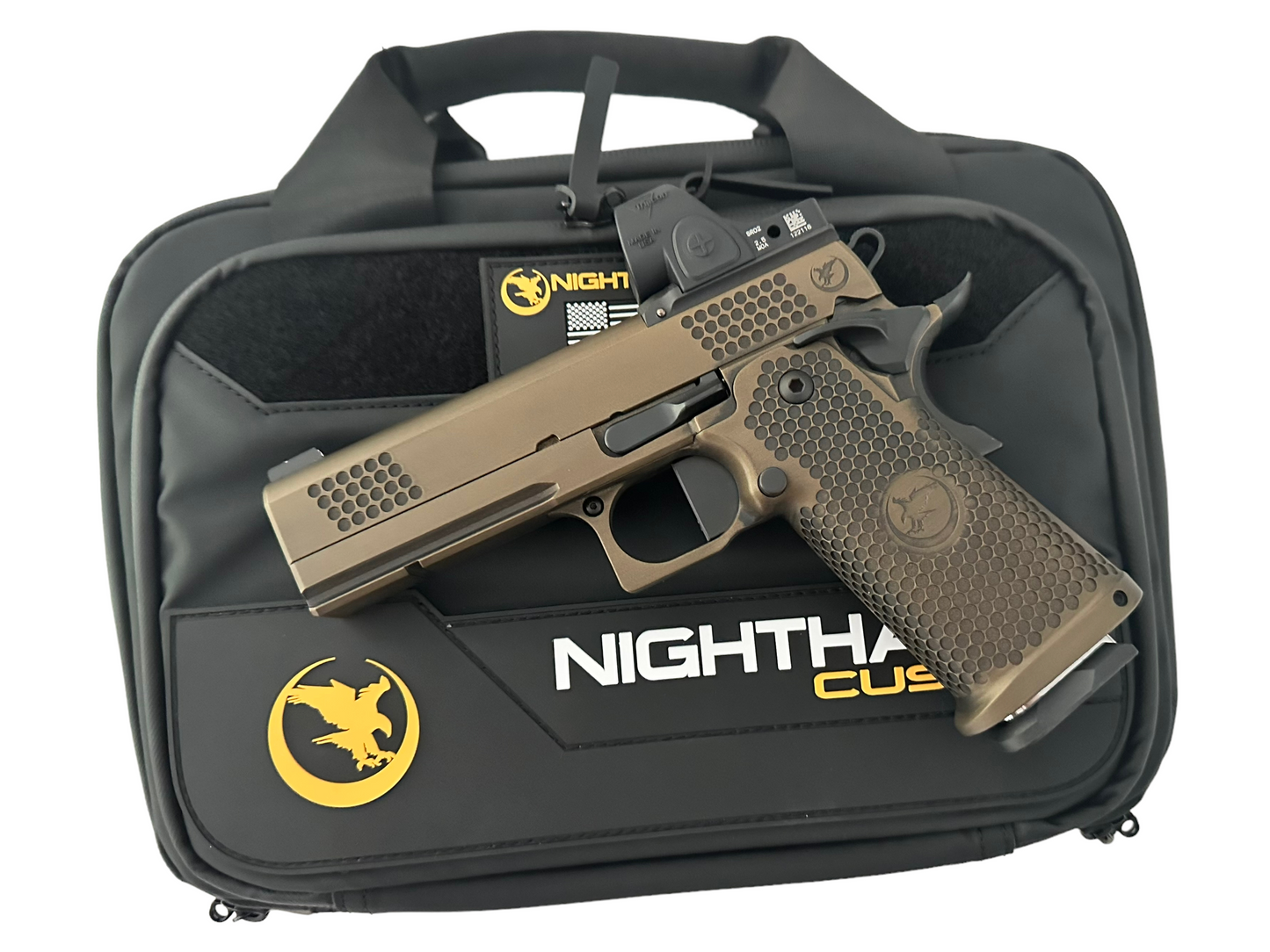 NIGHTHAWK CUSTOM TRS COMMANDER 4.25” BARREL TACTICAL READY SERIES 9MM IN BATTLE WORN BRONZE WITH TRIJICON SRO 2.5