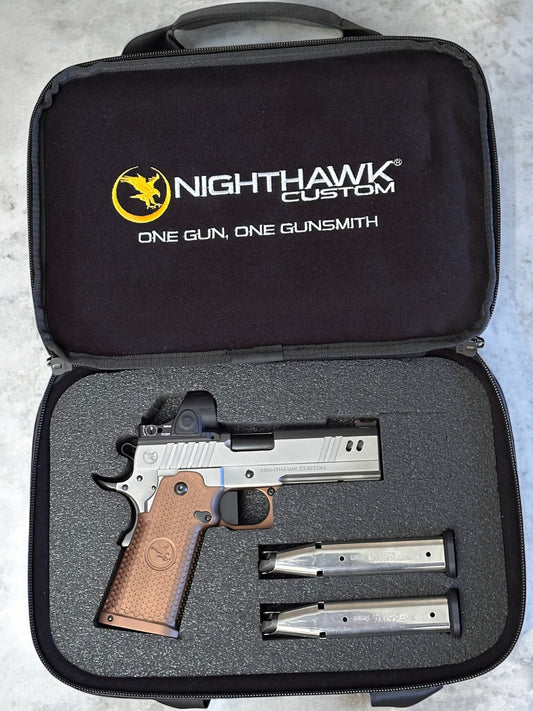 NIGHTHAWK CUSTOM BDS9 COMM 4.25” DS 9mm SILVER PVD AND SANDHAWK GRIPS WITH SRO
