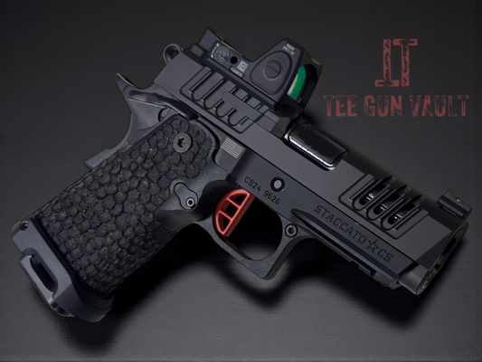 STACCATO CS X SERIES DLC BARREL FLAT TRIGGER WITH TRIJICON RMR AND DRAGON SCALE GRIPS. (Pre owned like new)