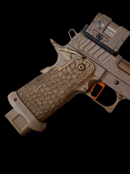 STACCATO CUSTOM XC ENGRAVED TRIBAL DRAGON TAN/BRONZE CERAKOTE FINISH WITH INFINITY TRIGGER AND ACRO P2