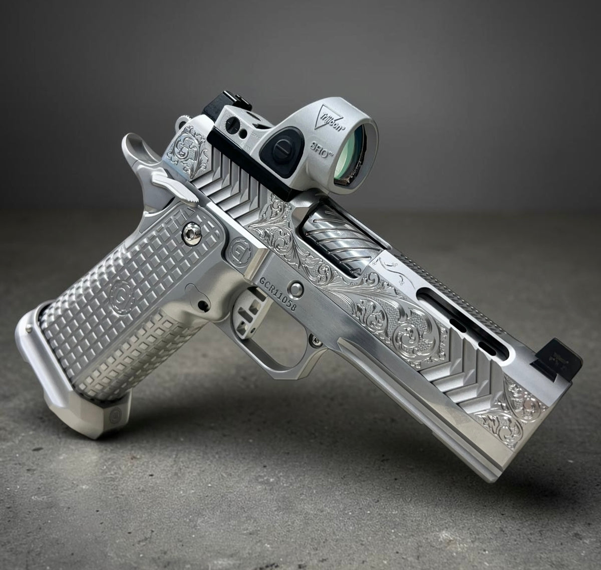 GUNCRAFTER POLARA X2 PORTED 4.25” COMMANDER FULL CHROME AND HAND ENGRAVED WITH MATCHING TRIJICON SILVER SRO