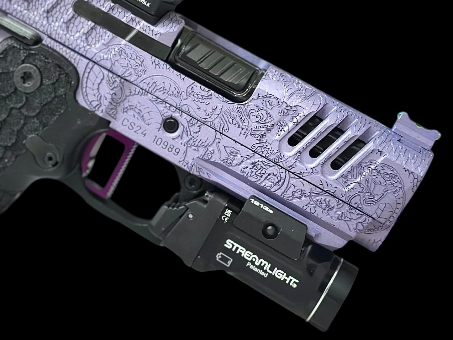 CUSTOM STACCATO CS X SERIES 3.5” PORTED BARREL “MEDUSA” ENGRAVED IN PURPLE/BLACK FINISH.