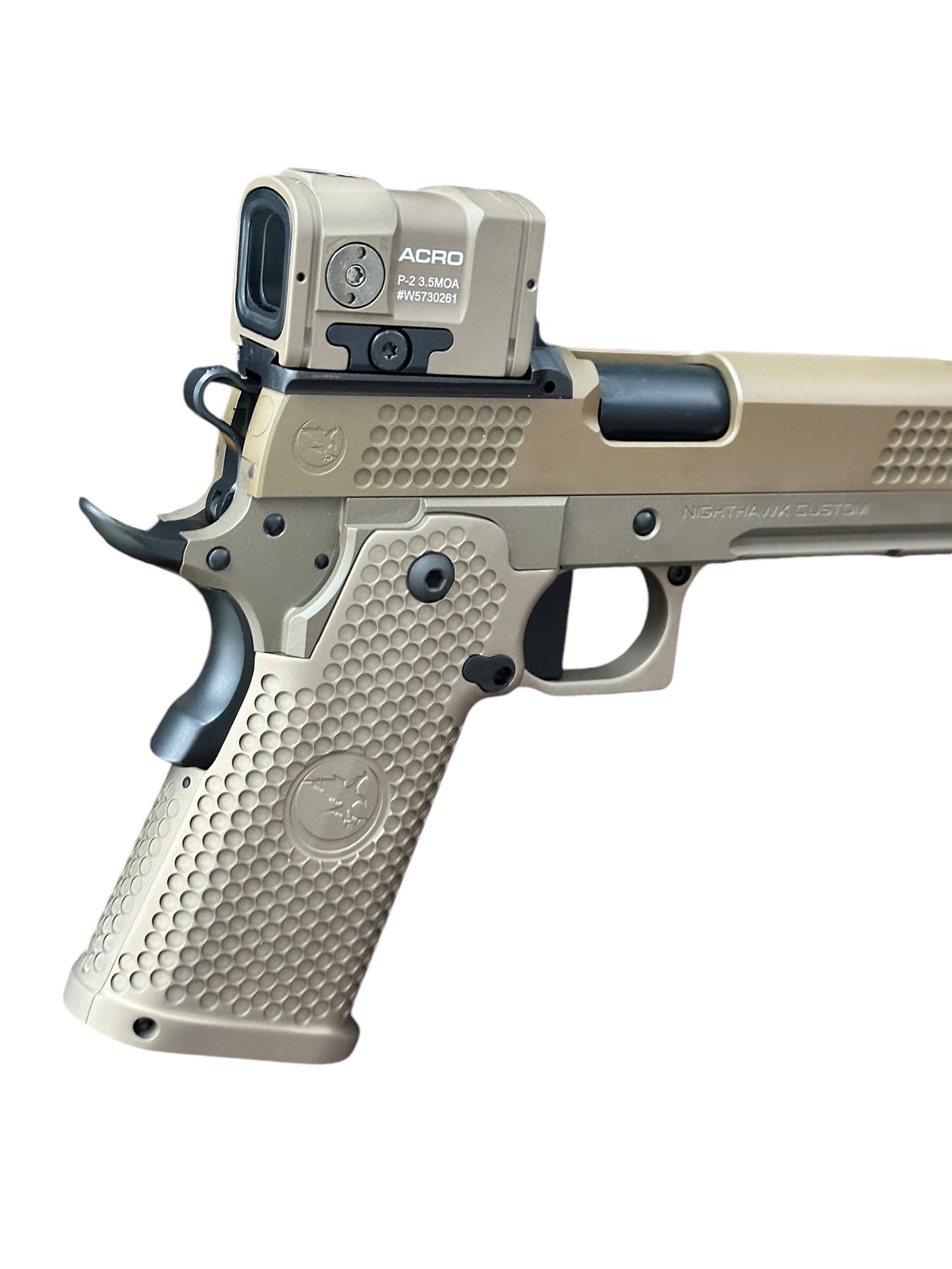 NIGHTHAWK CUSTOM TRS COMMANDER 4.25” 9MM IN SAND HAWK FINISH WITH AIMPOINT ACTO P2.