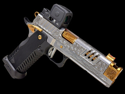 STACCATO CUSTOM XC “VITA FINITA” SILVER/COPPER WITH T7 GRIPS, TRIJICON RCR AND EDGE TRIGGER.