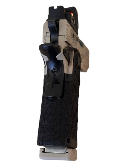 STACCATO CUSTOM CS “VIKING” PORTED 3.5” DESERT FINISH WITH TRIJICON RMRcc AND DRAGON SCALE GRIPS