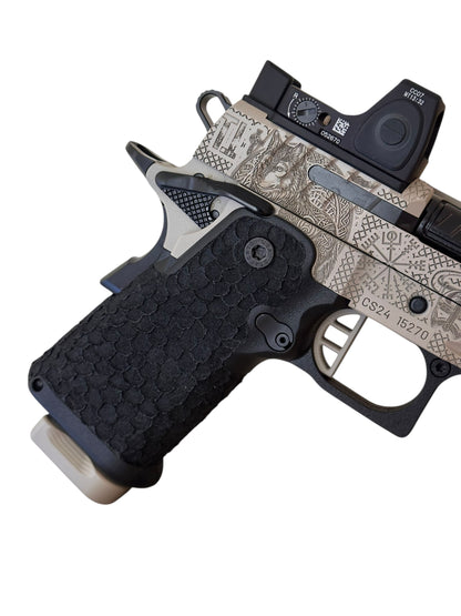 STACCATO CUSTOM CS “VIKING” PORTED 3.5” DESERT FINISH WITH TRIJICON RMRcc AND DRAGON SCALE GRIPS