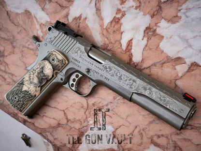 Kimber 1911 Stainless Target long slide hand engraved with custom grips. .45acp