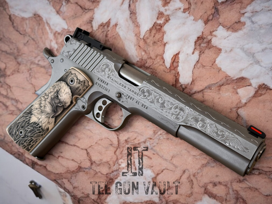 Kimber 1911 Stainless Target long slide hand engraved with custom grips. .45acp