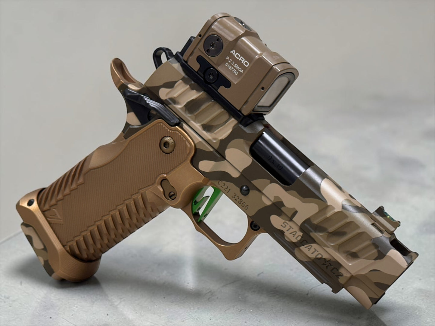 STACCATO CUSTOM C2 PORTED 3.9"
MULTICAM WITH T7 ALUMINUM GRIPS, APE AIMPOINT ACRO P2 & RED DIRT "EDGE" TRIGGER