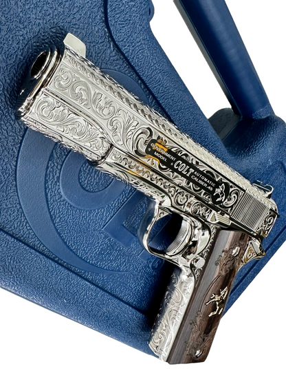 COLT CUSTOM 1911 HIGH POLISHED FULLY ENGRAVED NICKEL PLATED WITH CUSTOM GRIPS .45ACP