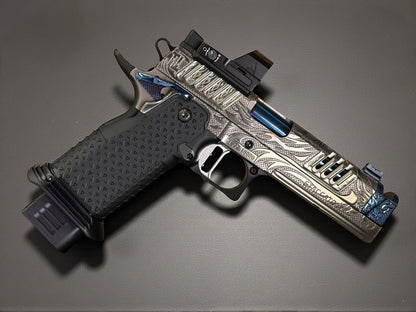 STACCATO CUSTOM XC “TRIBAL DRAGON” SILVER/BLUE PVD WITH ATLAS GRIPS AND APEX ATOM OPTIC