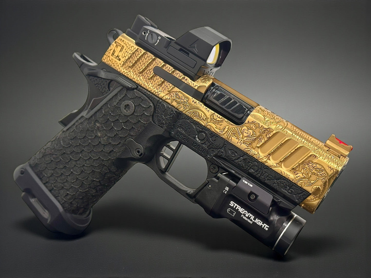 STACCATO CUSTOM CS “MEDUSA” PORTED 3.5” FULLY ENGRAVED IN GOLD NITRIDE POLISHED PVD FINISH