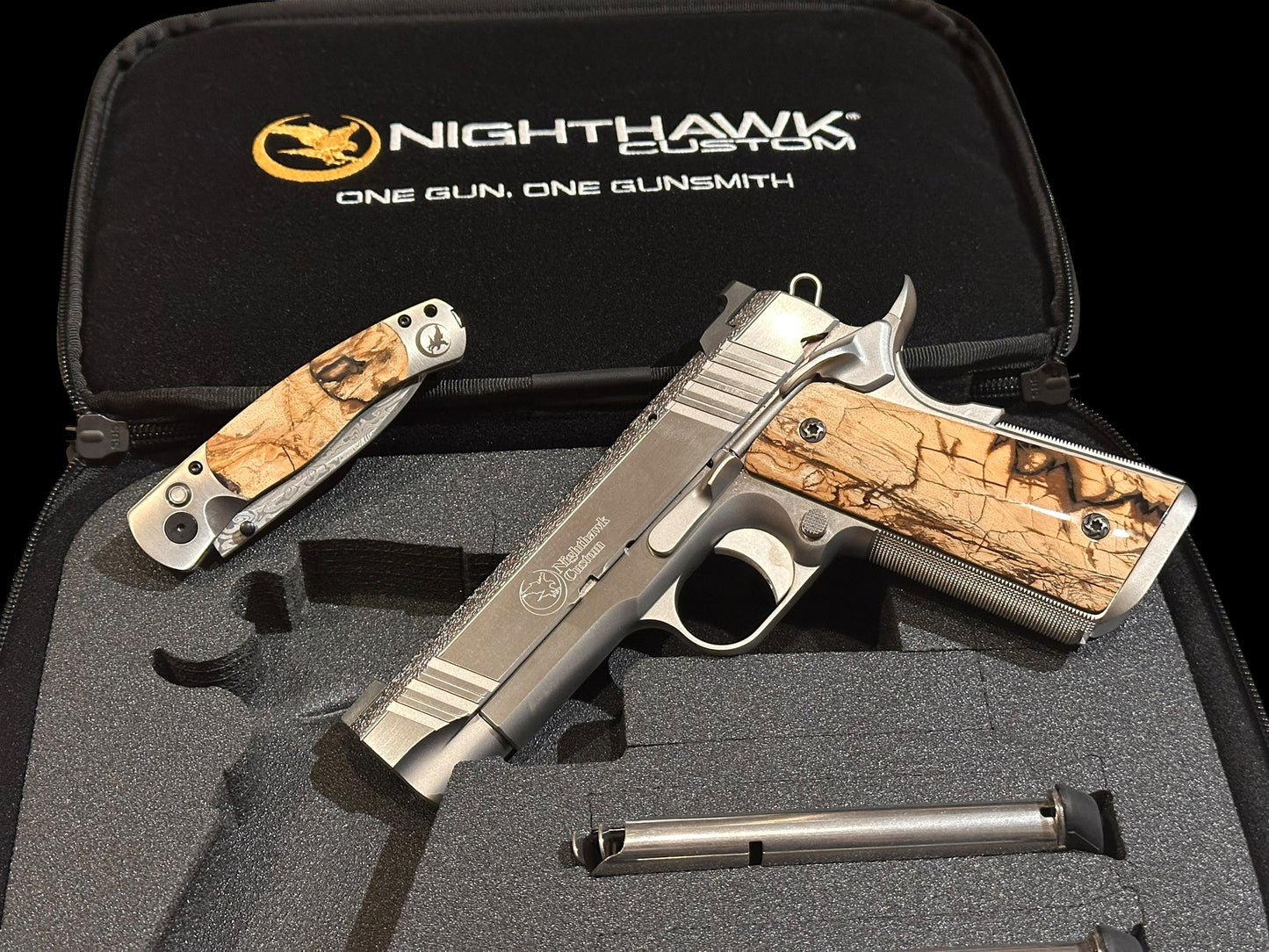 NIGHTHAWK CUSTOM BOB MARVEL 10MM MAMMOTH IVORY GRIPS AND MATCHING KNIFE