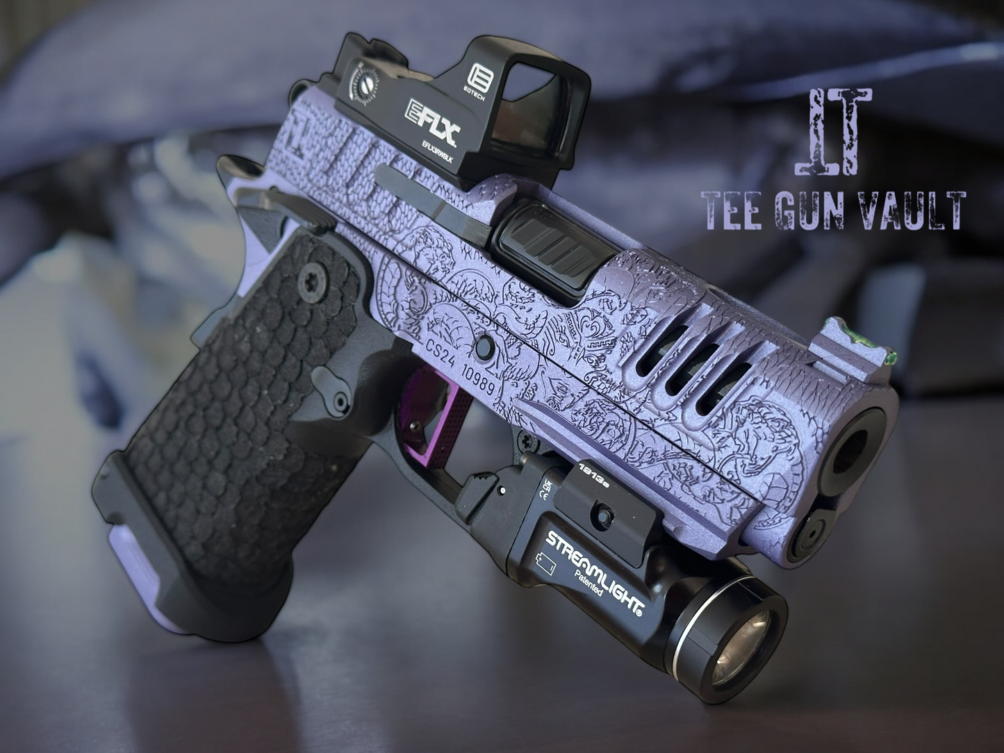 CUSTOM STACCATO CS X SERIES 3.5” PORTED BARREL “MEDUSA” ENGRAVED IN PURPLE/BLACK FINISH.