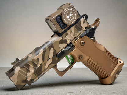 STACCATO CUSTOM C2 PORTED 3.9"
MULTICAM WITH T7 ALUMINUM GRIPS, APE AIMPOINT ACRO P2 & RED DIRT "EDGE" TRIGGER