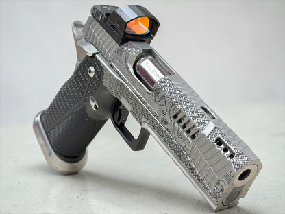 DARK FORGE WRAITH PORTED CUSTOM SCROLL ENGRAVED IN PVD SILVER FINISH WITH APEX ATOM OPTIC