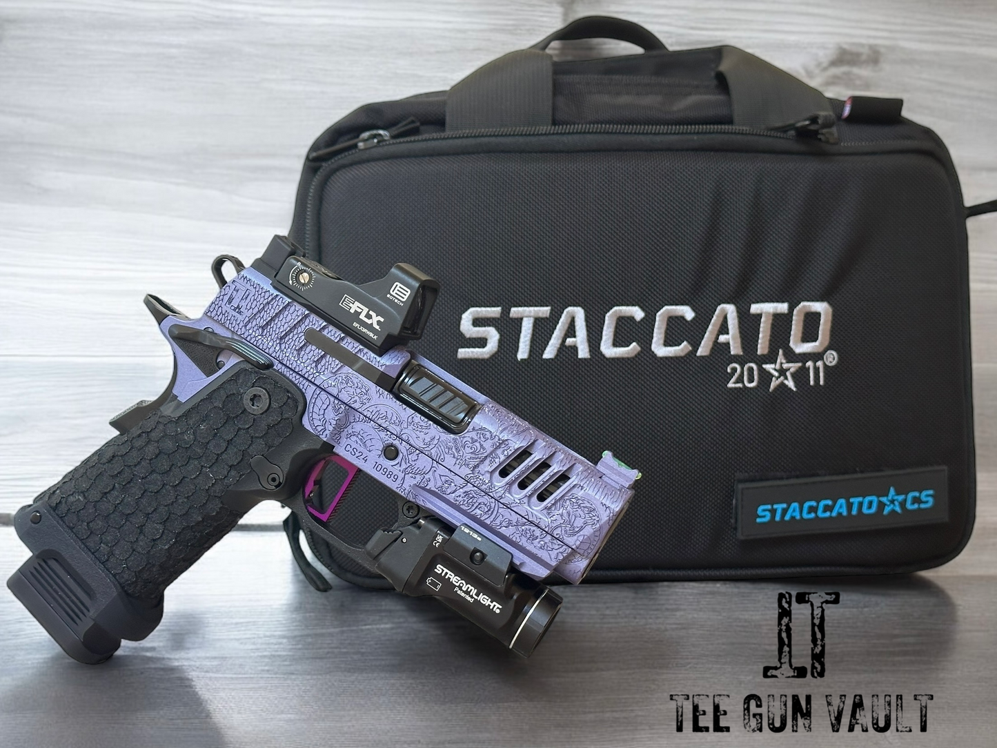 CUSTOM STACCATO CS X SERIES 3.5” PORTED BARREL “MEDUSA” ENGRAVED IN PURPLE/BLACK FINISH.