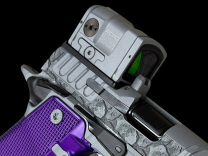 STACCATO CUSTOM P4X “ROCKS” ENGRAVED WITH EDGE TRIGGER, AL GRIPS AND AIMPOINT ACROSS P2