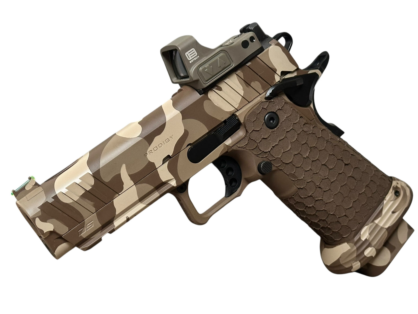 SPRINGFIELD PRODIGY 4.25” DOUBLE STACK CUSTOM. CAMO CERAKOTE DRAGON SCALE GRIPS WITH EOTECH EFLX