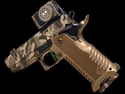 STACCATO CUSTOM C2 PORTED 3.9"
MULTICAM WITH T7 ALUMINUM GRIPS, APE AIMPOINT ACRO P2 & RED DIRT "EDGE" TRIGGER