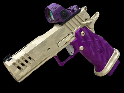 ALPHA AMERICAN VANGUARD 4.25” PORTED DLC CAMO WHITE GOLD WITH PURPLE GRIPS AND SRO