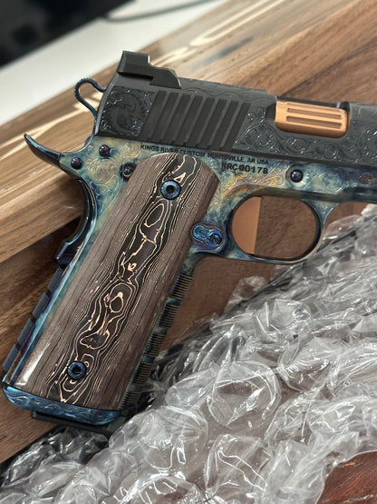 KINGS RIVER CUSTOM LEVEL III; CUSTOM WOOD DISPLAY CASE. HAND ENGRAVED CASE HARDENED .45ACP