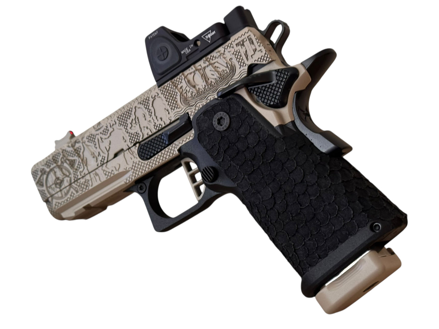 STACCATO CUSTOM CS “VIKING” PORTED 3.5” DESERT FINISH WITH TRIJICON RMRcc AND DRAGON SCALE GRIPS