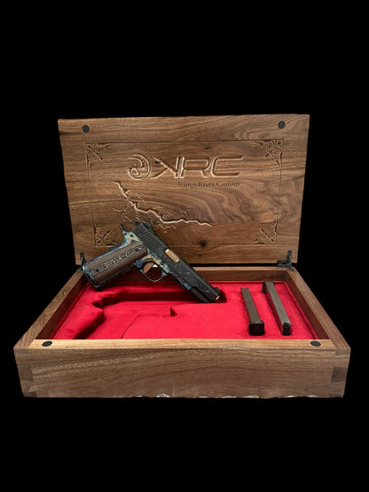 KINGS RIVER CUSTOM LEVEL III; CUSTOM WOOD DISPLAY CASE. HAND ENGRAVED CASE HARDENED .45ACP