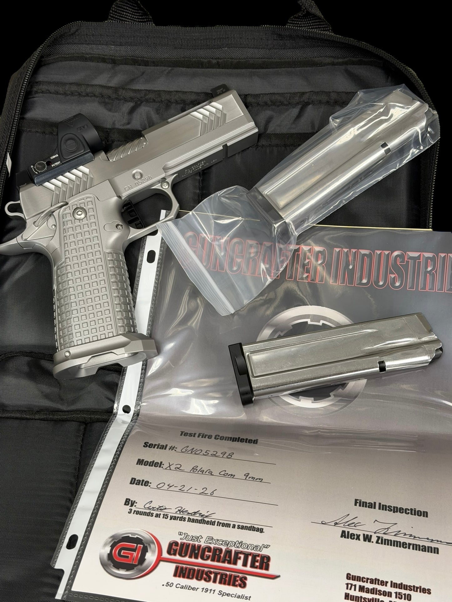 GUNCRAFTER POLARA X2 PORTED 9MM COMMANDER POLISHED CHROME FINISH WITH TRIJICON SRO