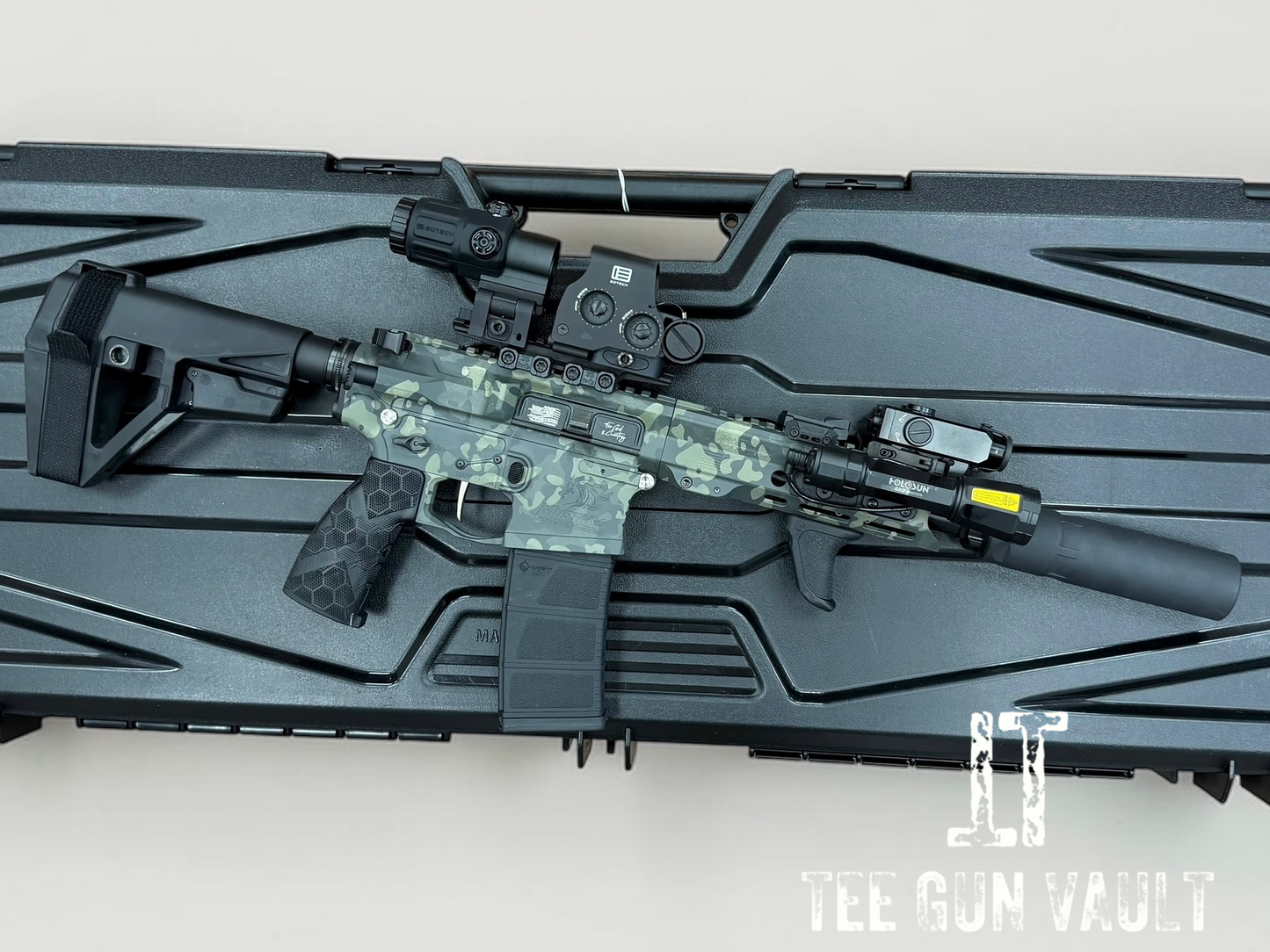 MUSTANG ARMAMENT 5.56 “CHESTY” GREY CAMO 8” CUSTOM BILLET.