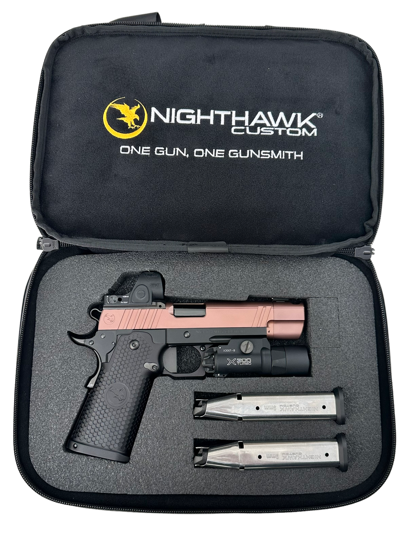 NIGHTHAWK CUSTOM FIREHAWK 1911 DS 9MM ROSE GOLD WITH TRIJICON SRO AND X300