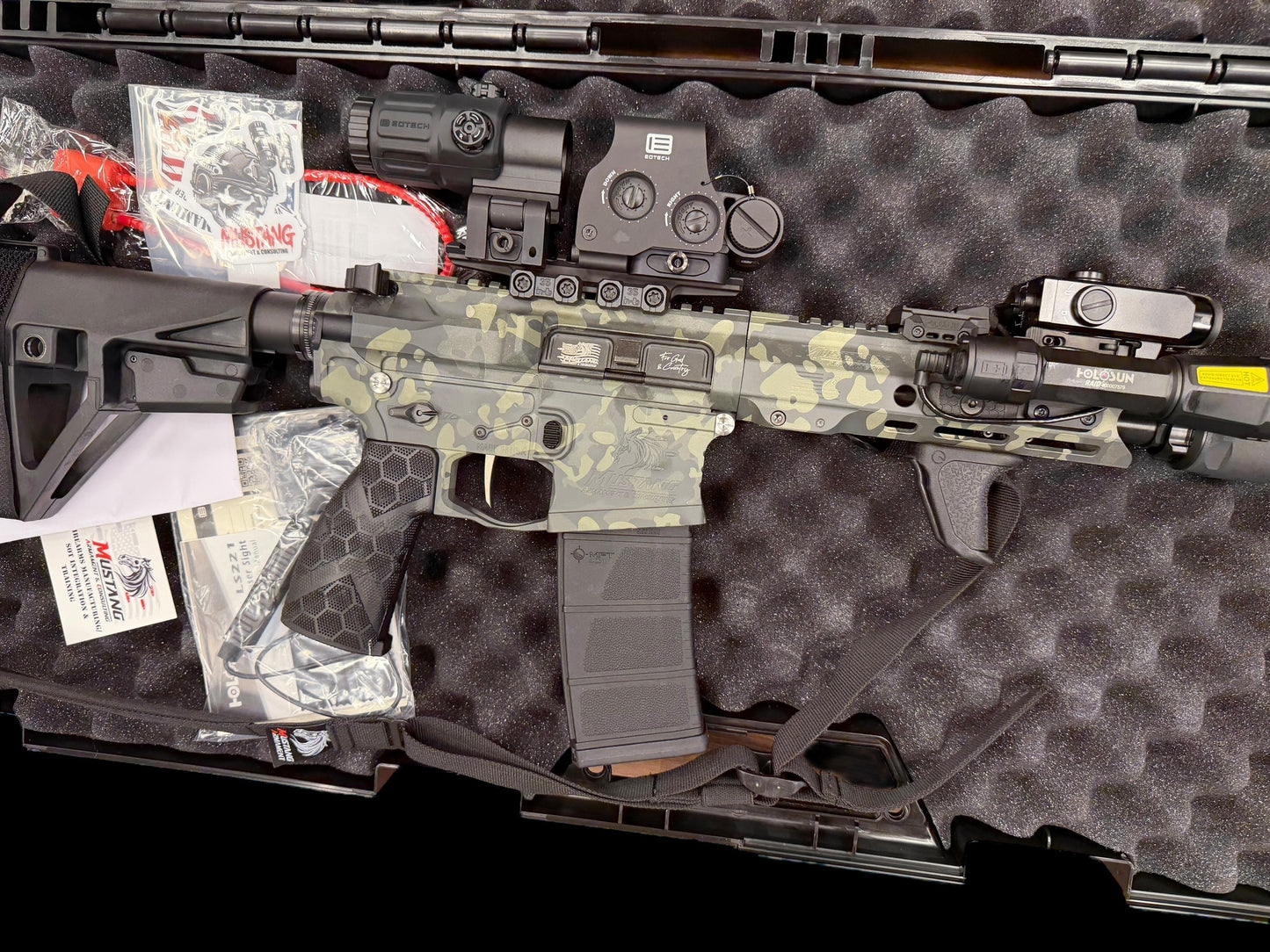 MUSTANG ARMAMENT 5.56 “CHESTY” GREY CAMO 8” CUSTOM BILLET.