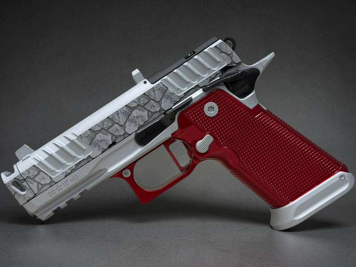 STACCATO CUSTOM P4X “ROCKS” COMPENSATED WITH RED ANODIZED ALUMINUM GRIPS AND INFINITY TRIGGER