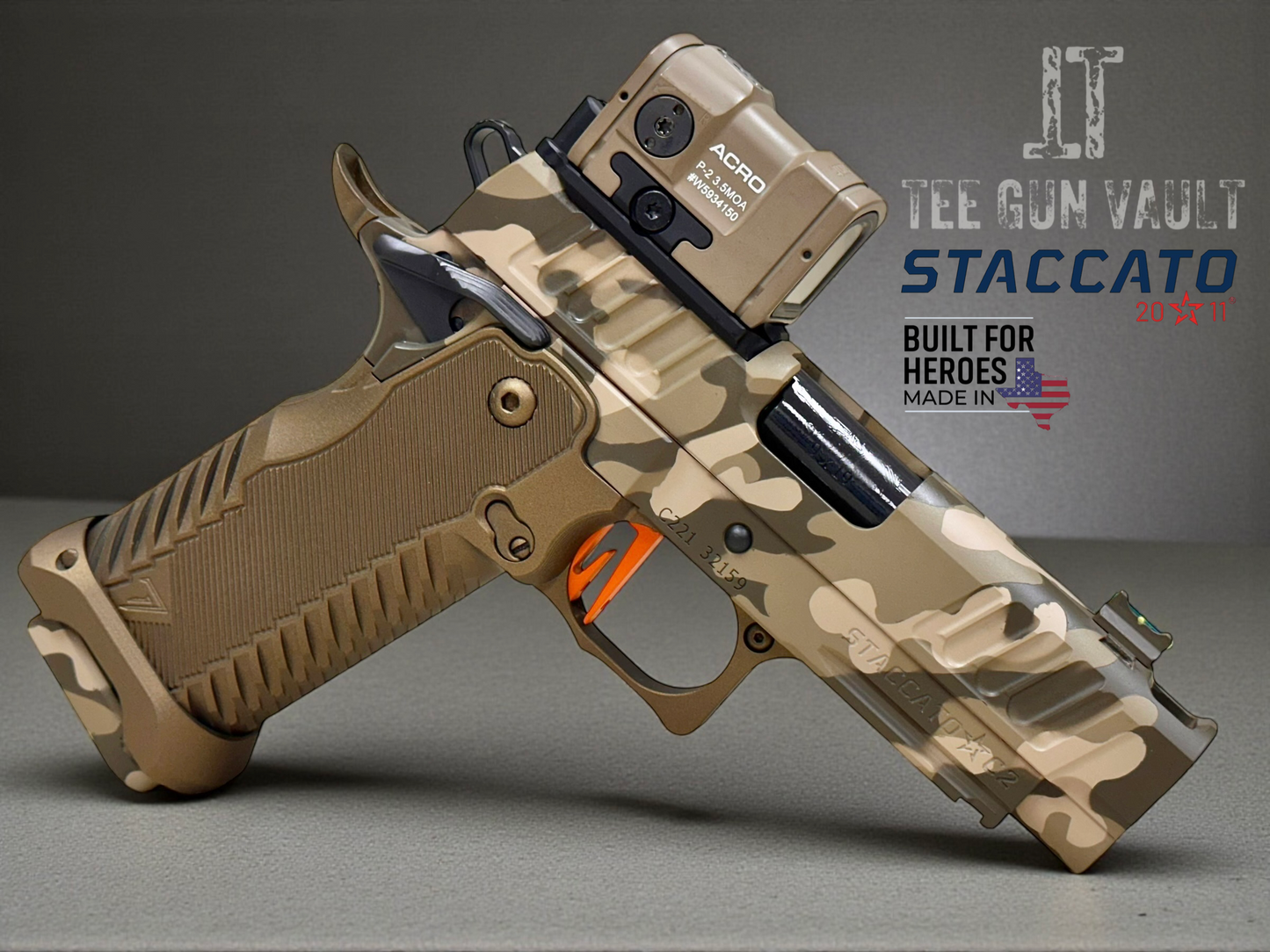 STACCATO CUSTOM C2 PORTED 3.9"
MULTICAM WITH T7 ALUMINUM GRIPS, AIMPOINT ACRO P2 & RED DIRT "EDGE" TRIGGER