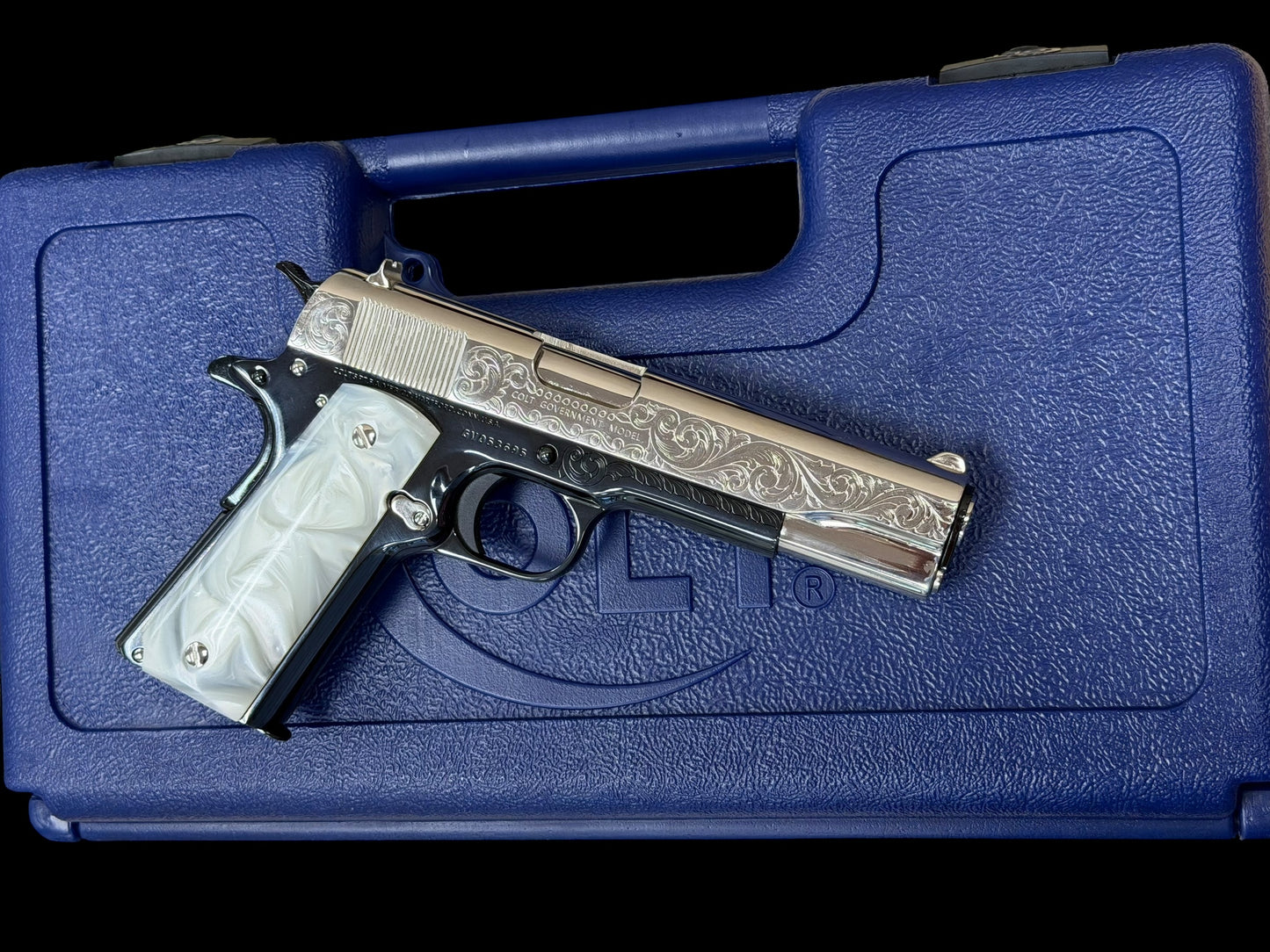 COLT CUSTOM 1911 ENGRAVED HIGH POLISHED NICKEL /ROYAL BLUE  FINISH CUSTOM GRIPS .45ACP
