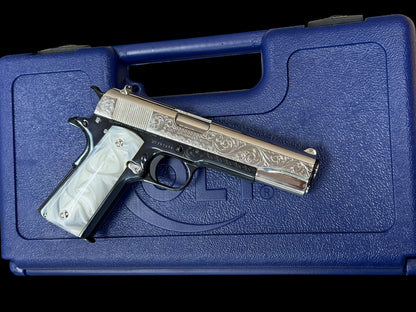 COLT CUSTOM 1911 ENGRAVED HIGH POLISHED NICKEL /ROYAL BLUE  FINISH CUSTOM GRIPS .45ACP