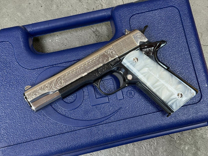 COLT CUSTOM 1911 ENGRAVED HIGH POLISHED NICKEL /ROYAL BLUE  FINISH CUSTOM GRIPS .45ACP