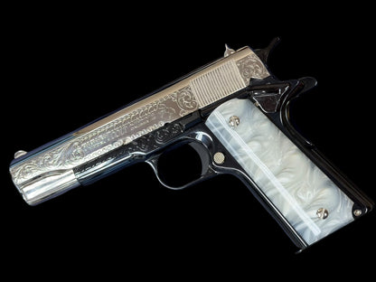 COLT CUSTOM 1911 ENGRAVED HIGH POLISHED NICKEL /ROYAL BLUE  FINISH CUSTOM GRIPS .45ACP