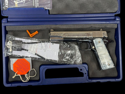 COLT CUSTOM 1911 ENGRAVED HIGH POLISHED NICKEL /ROYAL BLUE  FINISH CUSTOM GRIPS .45ACP