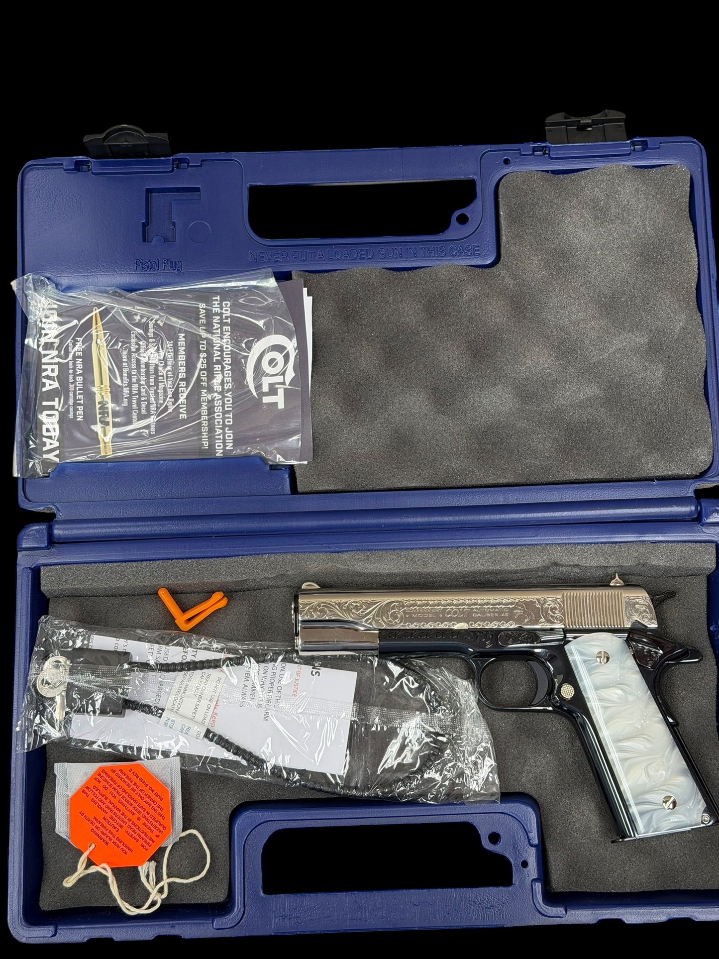 COLT CUSTOM 1911 ENGRAVED HIGH POLISHED NICKEL /ROYAL BLUE  FINISH CUSTOM GRIPS .45ACP