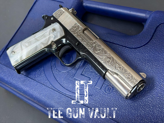COLT CUSTOM 1911 ENGRAVED HIGH POLISHED NICKEL /ROYAL BLUE  FINISH CUSTOM GRIPS .45ACP