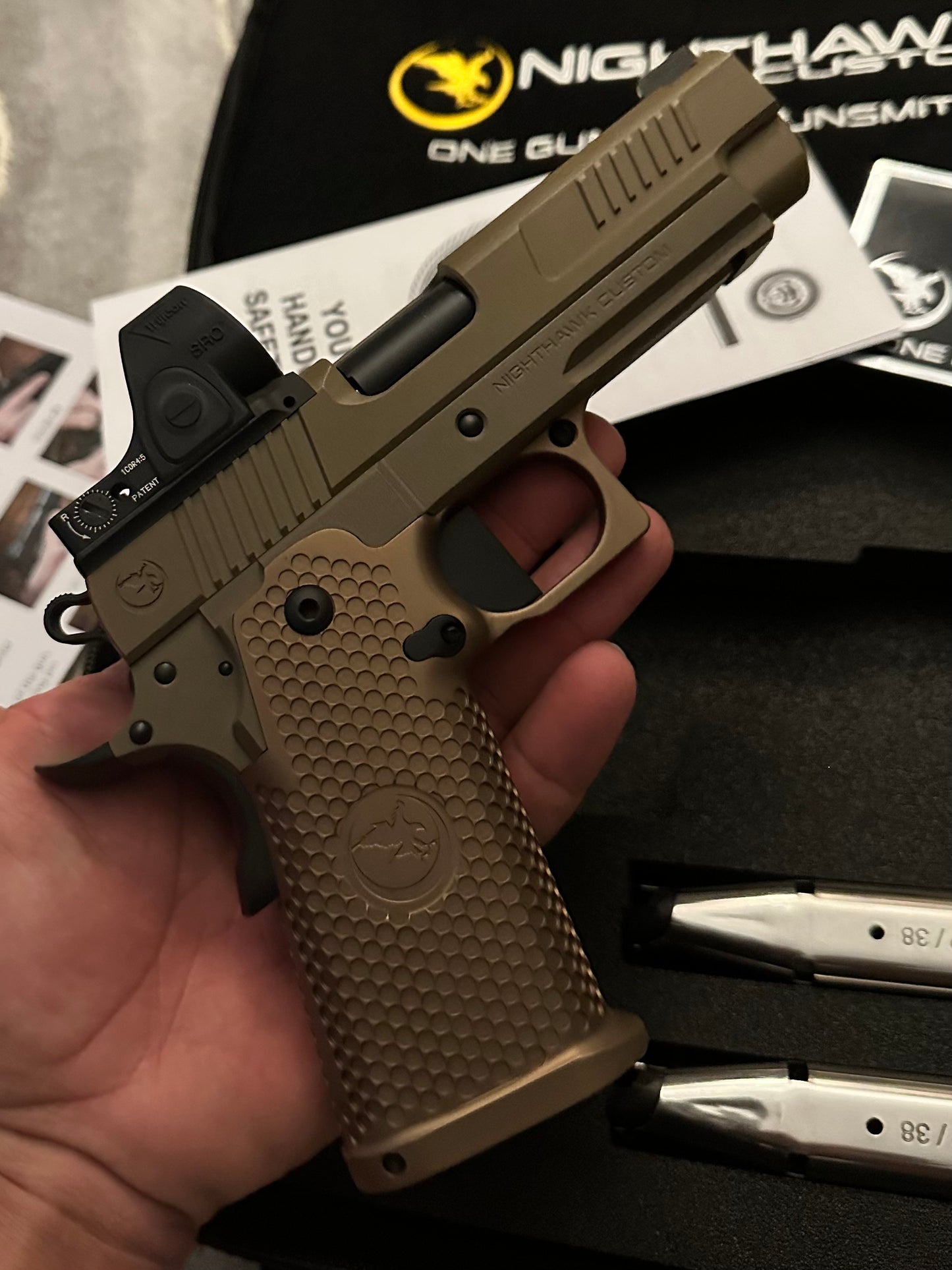 Nighthawk custom Delegate 1911 DS sandhawk finish with sro and knife