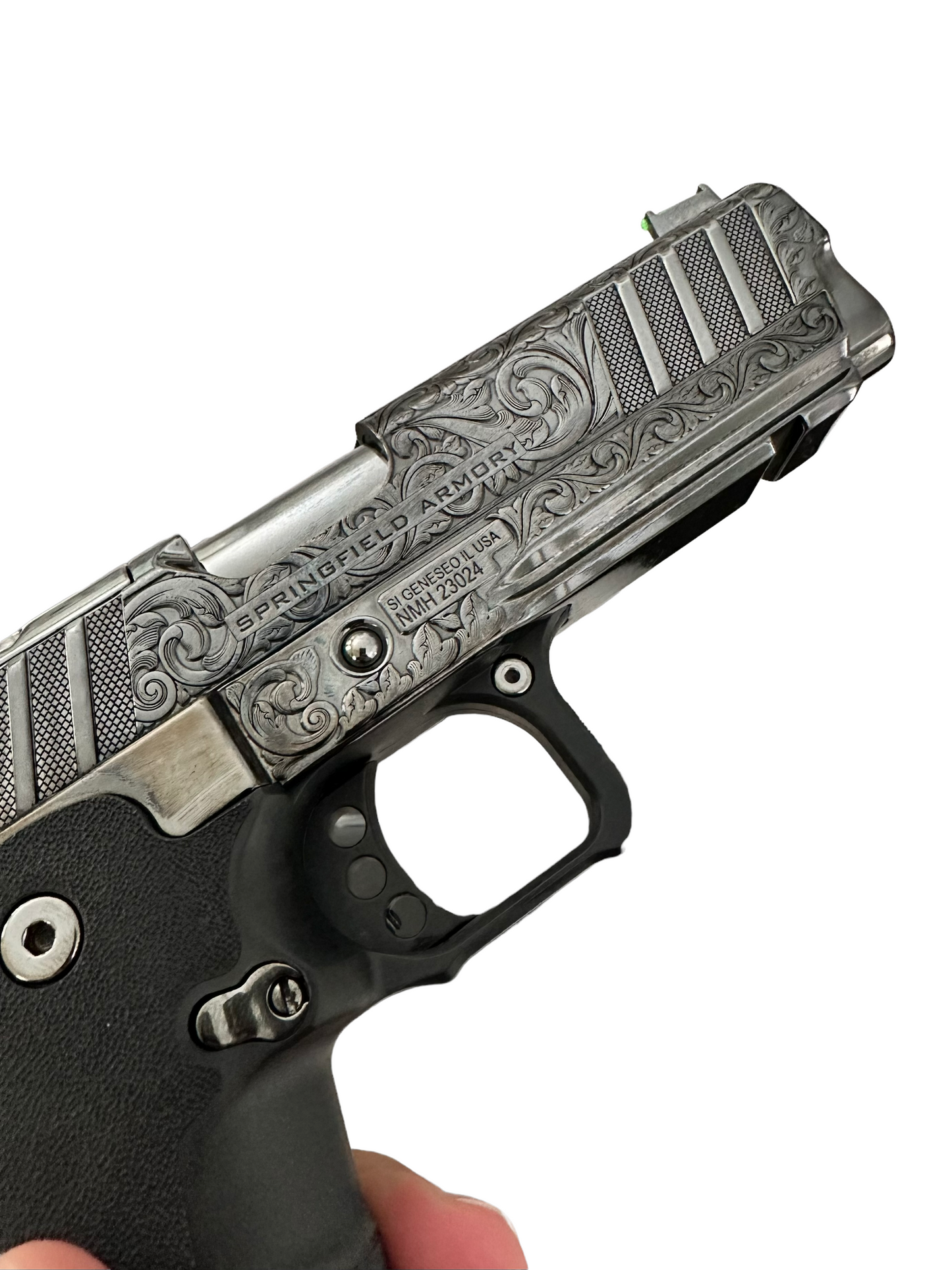 SPRINGFIELD ARMORY PRODIGY 2011 CUSTOM PISTOL 9MM. FULLY ENGRAVED , HIGH POLISHED AND BLACK CHROMED.