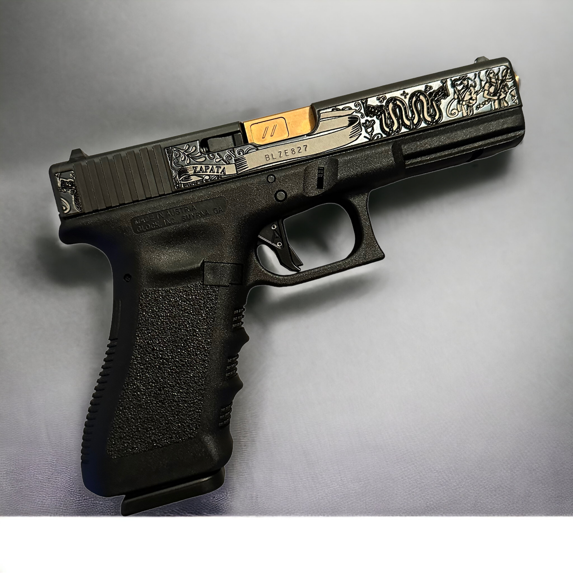 GLOCK 17 CUSTOM ENGRAVED WITH BLUE FINISH SLIDE ZAPATA DEEP