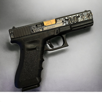GLOCK 17 CUSTOM ENGRAVED WITH BLUE FINISH SLIDE ZAPATA DEEP ENGRAVED ZEV BARREL , AGENCY TRIGGER